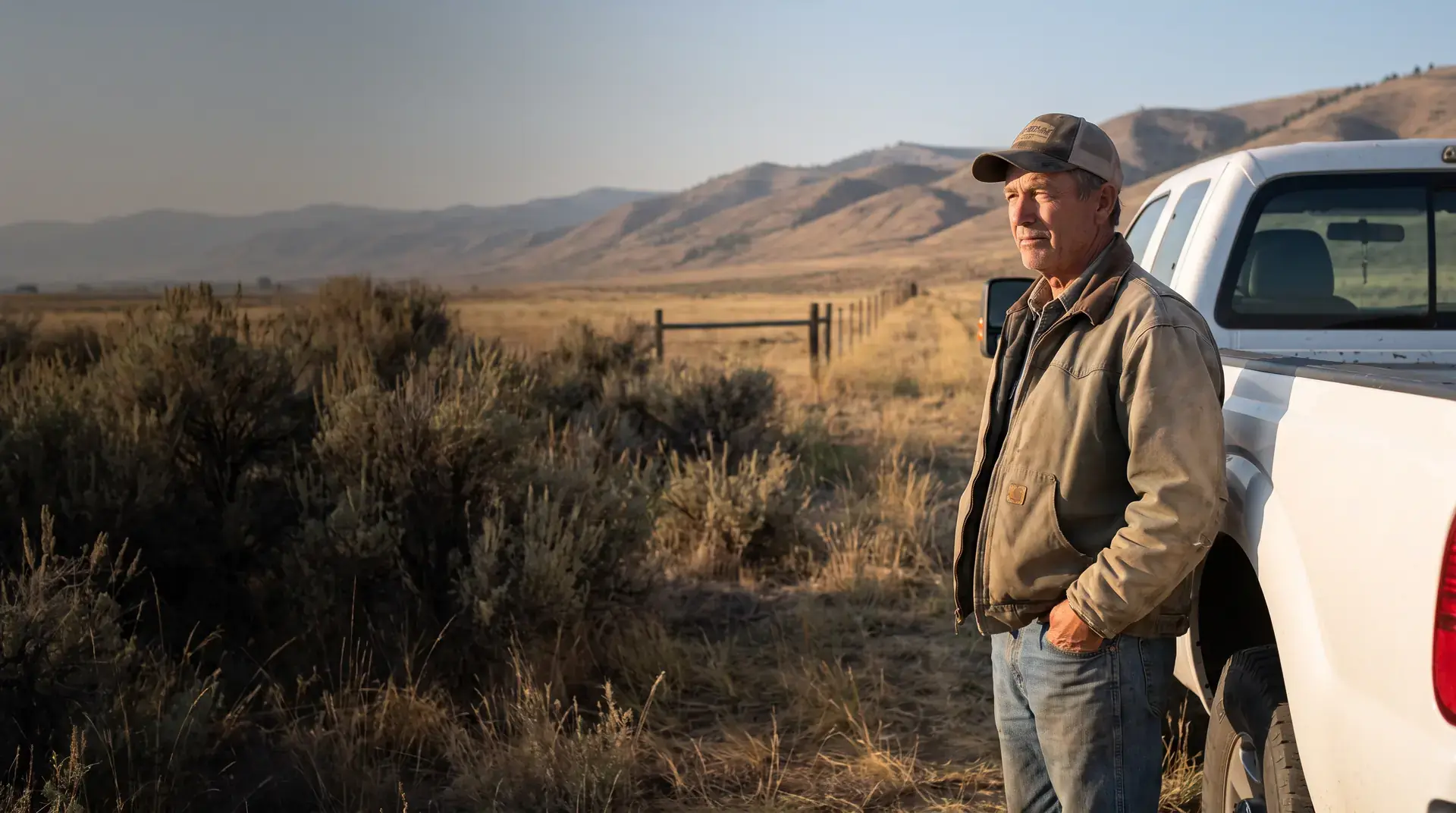 Experienced field professional standing beside a pickup in an open high-desert landscape