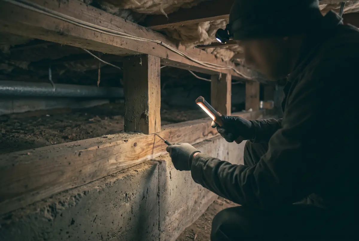 Technician examining structural wood in a dim crawlspace