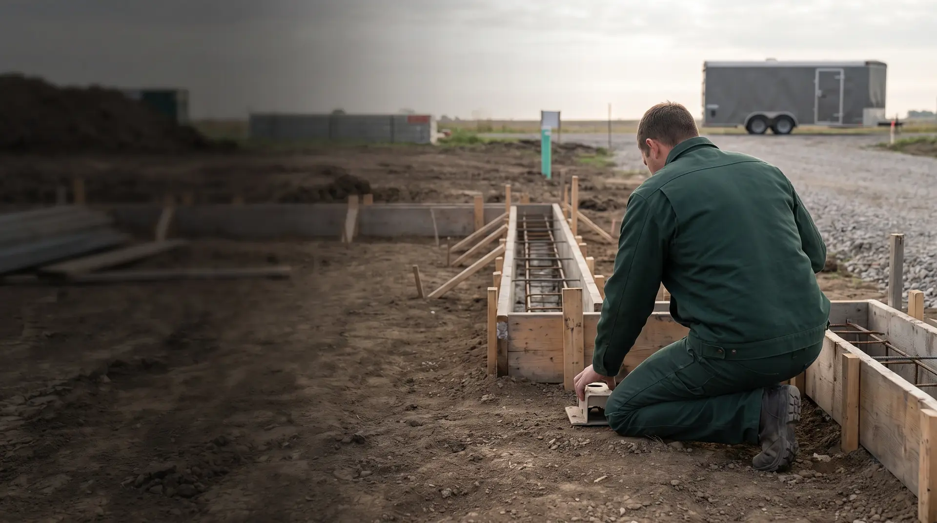 Technician preparing to work around a new home's foundation forms