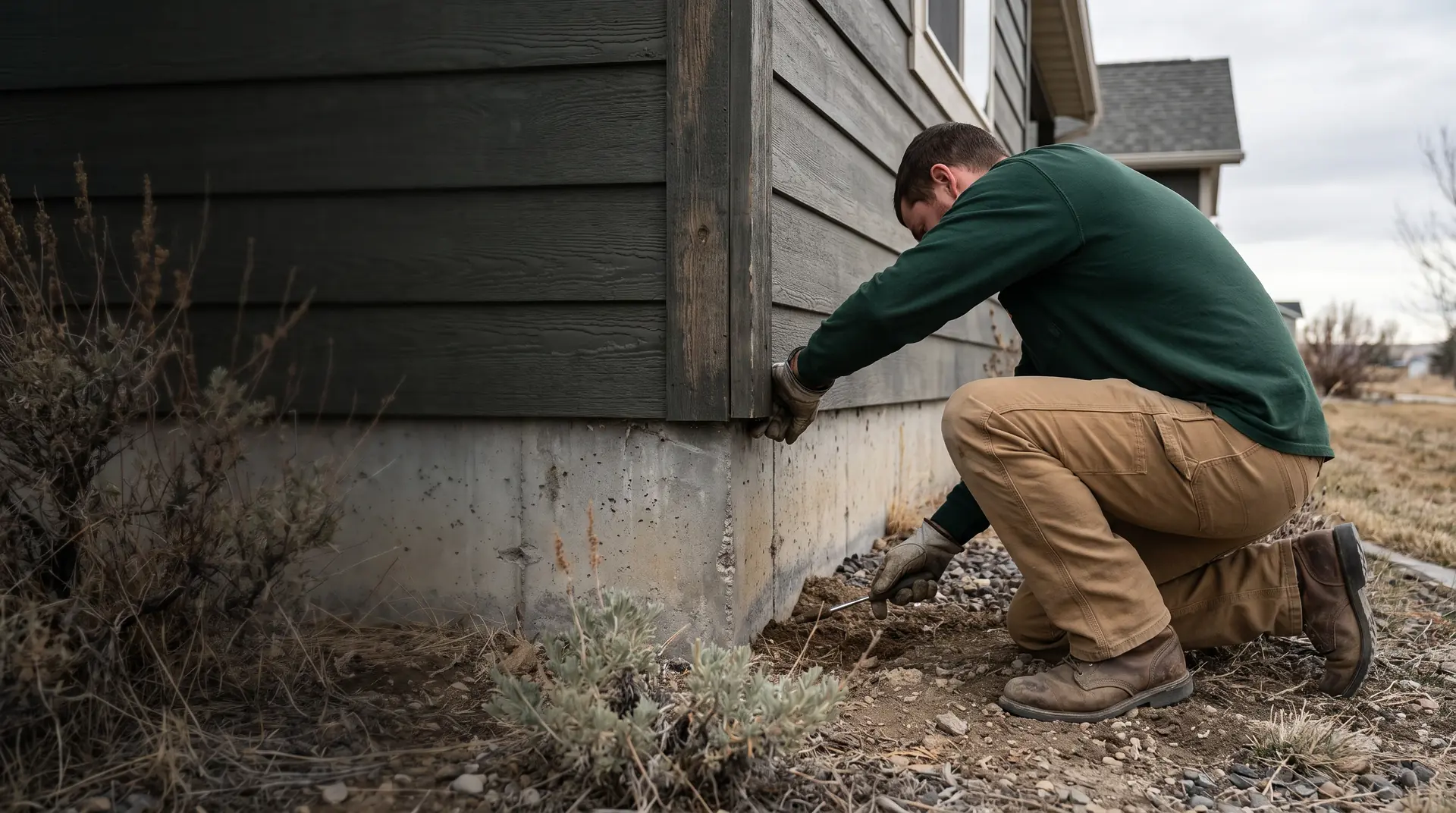 Technician examining a shaded residential foundation near a wood-to-concrete junction