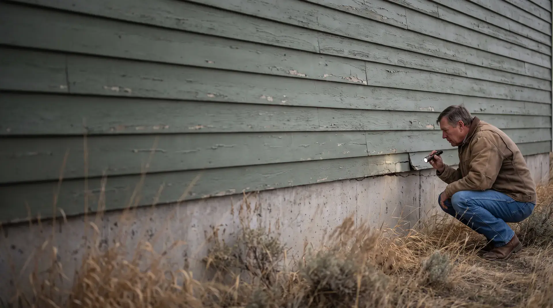 Inspector examining exterior wood siding above a concrete foundation