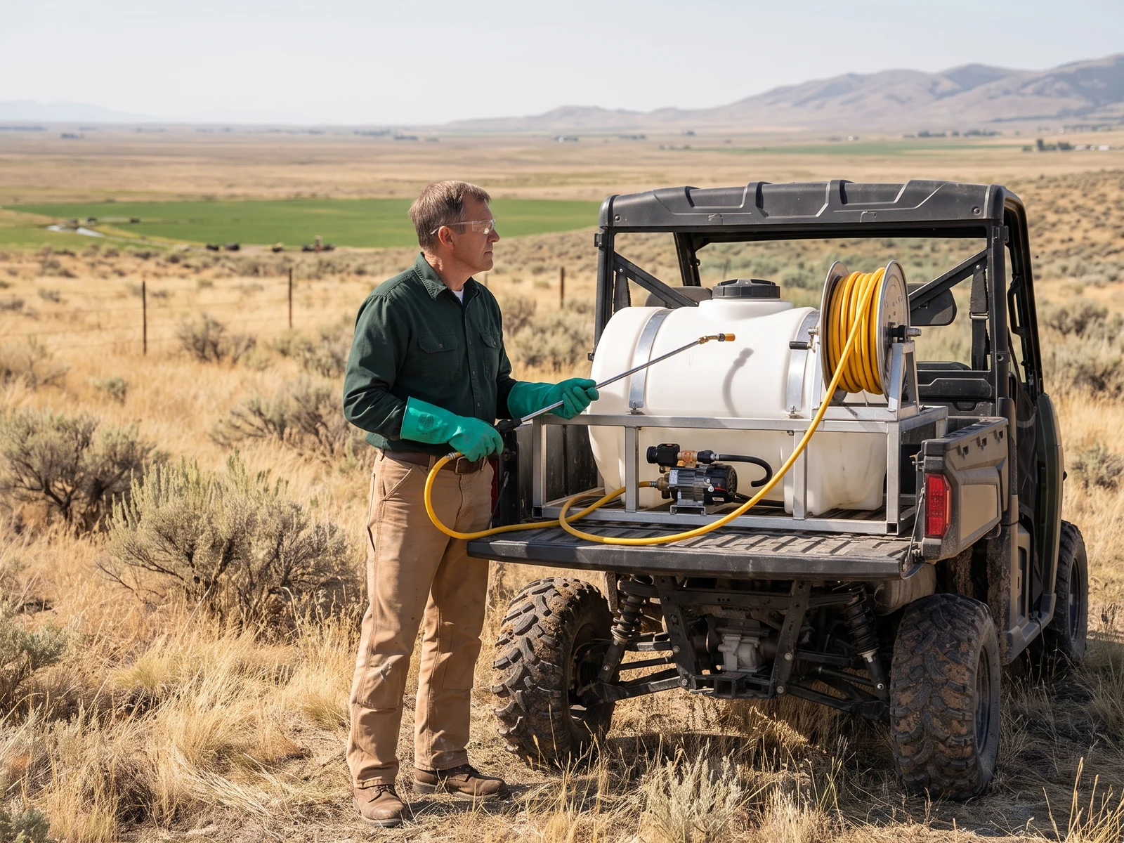 Vegetation treatment equipment mounted on a UTV in an Eastern Idaho field